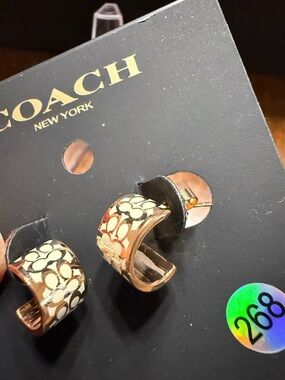 NEW Coach Logo Hoops White Enamel/ Rose Gold Chalk Earrings